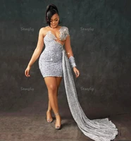 shiny silver sequin evening dress short aso ebi 2022 sexy one shoulder mermaid prom dress for black girls cocktail party formal