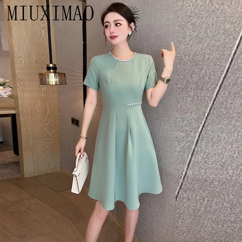 MIUXIMAO 2023 High Quality Spring&Summer Elegant Dress Short Sleeve O-Neck Diamond Solid Fashion Mini Dress Women Vestide