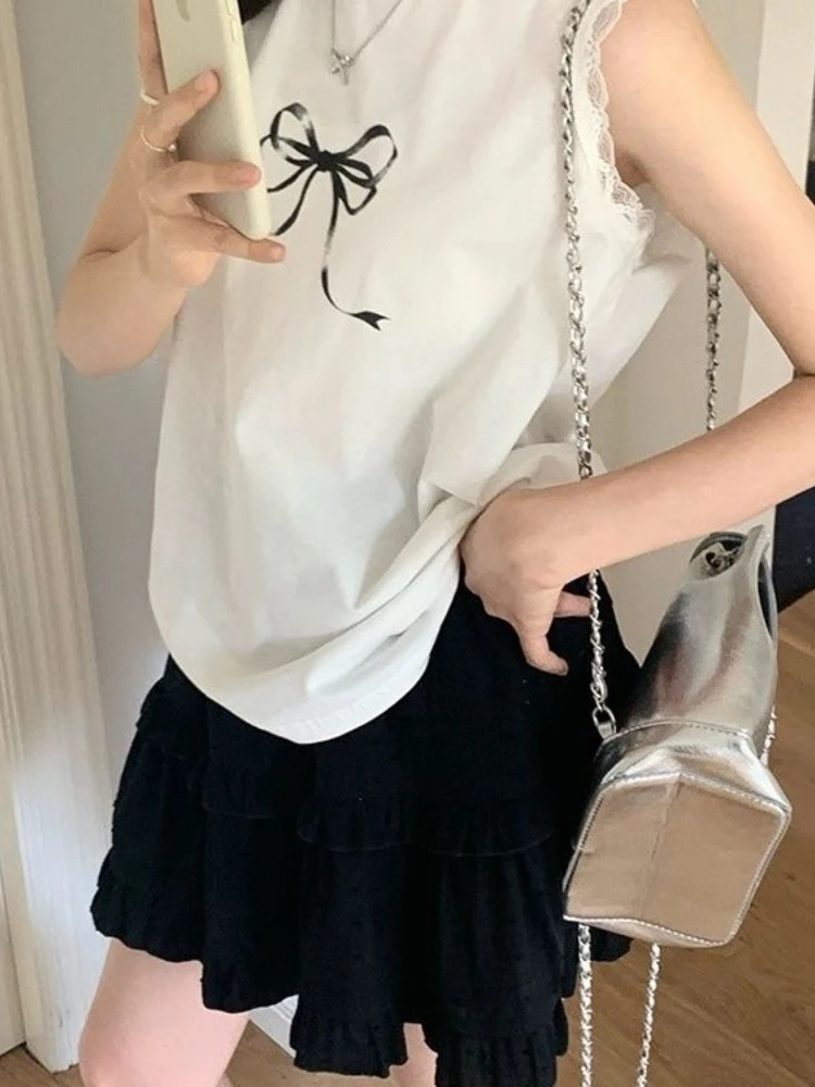 HOUZHOU Kawaii Милая Лоскутная майка Женская корейская мода винтажная Кружевная