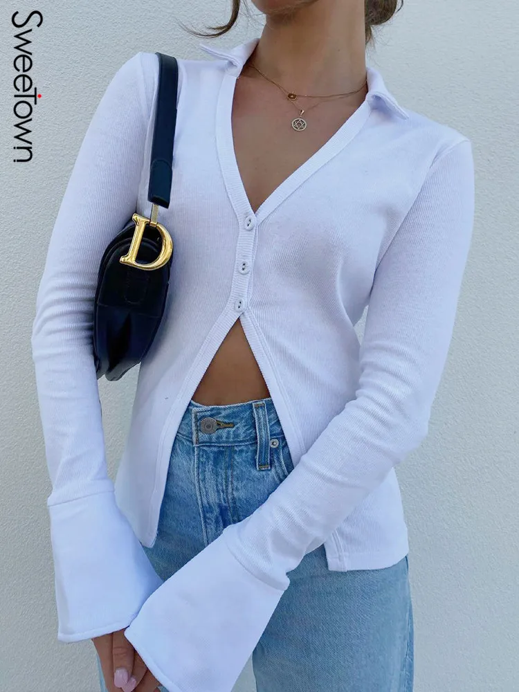 Sweetown White Solid V Neck Ribbed Shirts Female Button Up Slim Casual Tops And Blouses V Neck Long Sleeve Basic Autumn Tees