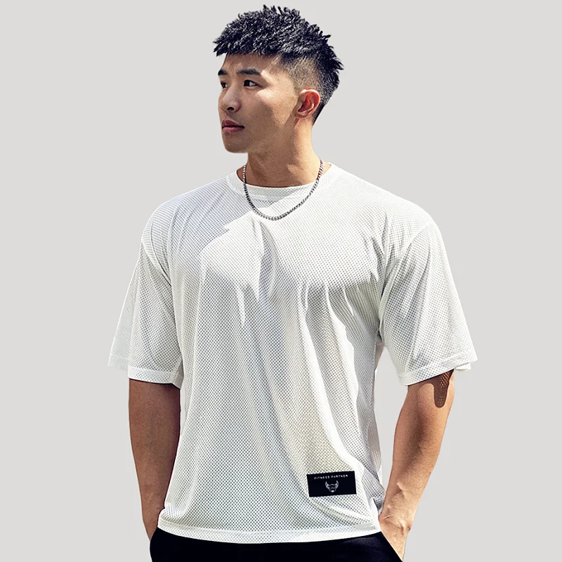 2023 Mens Oversized shirt T Shirt Bodybuilding Fitness Man Top Singlets Plus Big Size Mesh Loose Short Sleeve Tshirt