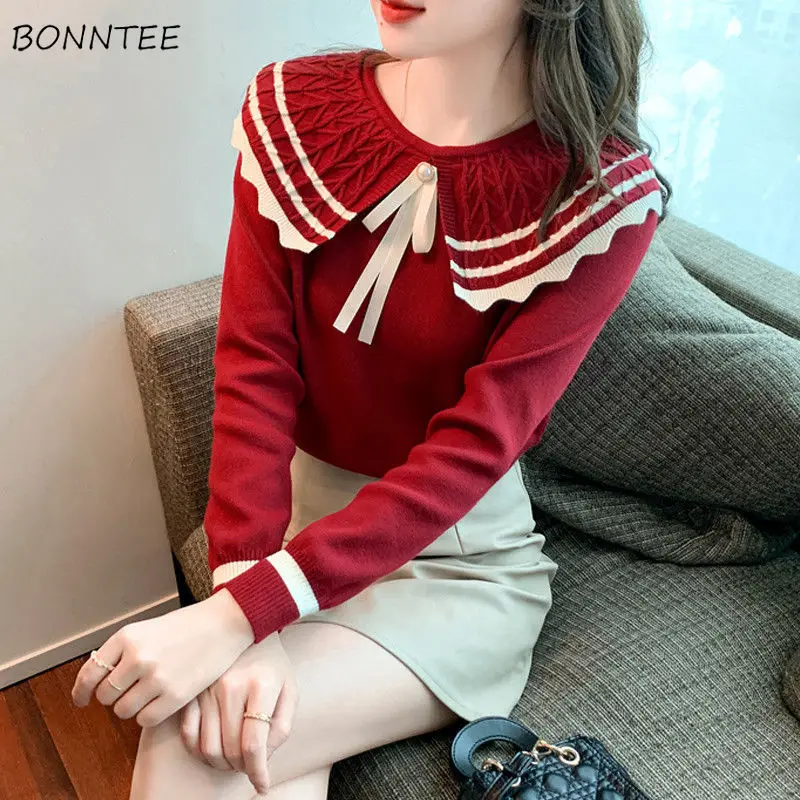 

Pullovers Women Sweater Peter Pan Collar Knitted Autumn New All-match Basic Bow Patchwork Clothing Straight Daily Casual Simple
