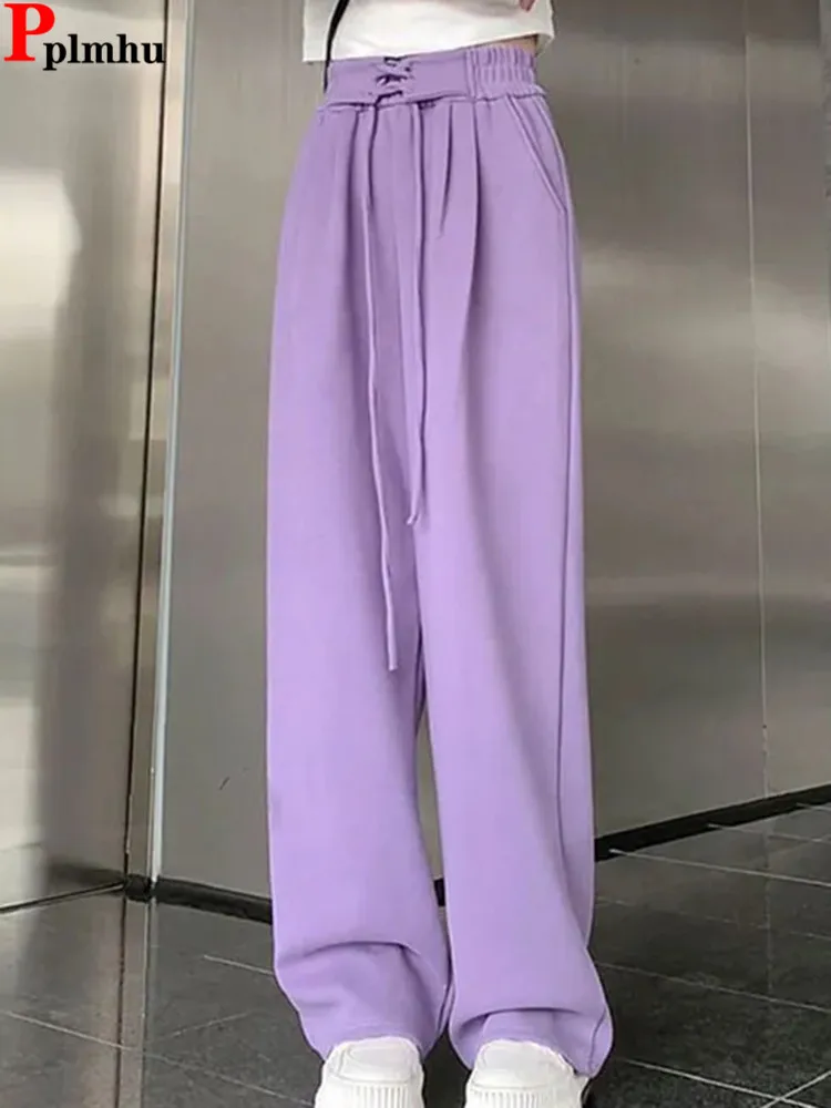 

Повседневные фиолетовые широкие брюки, корейские модные брюки на шнуровке с высокой талией, дизайнерские мешковатые женские брюки, новинка весны и осени