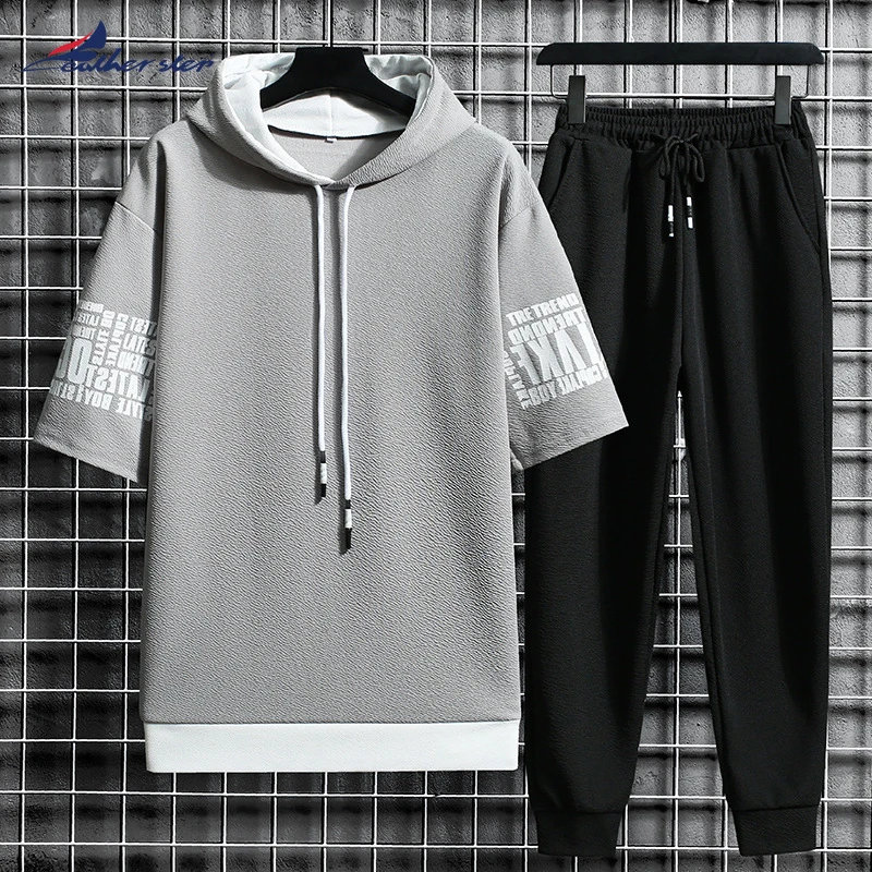 Summer New Mens T-shirt Set Hip Hop Fashion Tracksuit and Shorts Two Piece Set Men Patchwork Color Streetwear Outfit Set