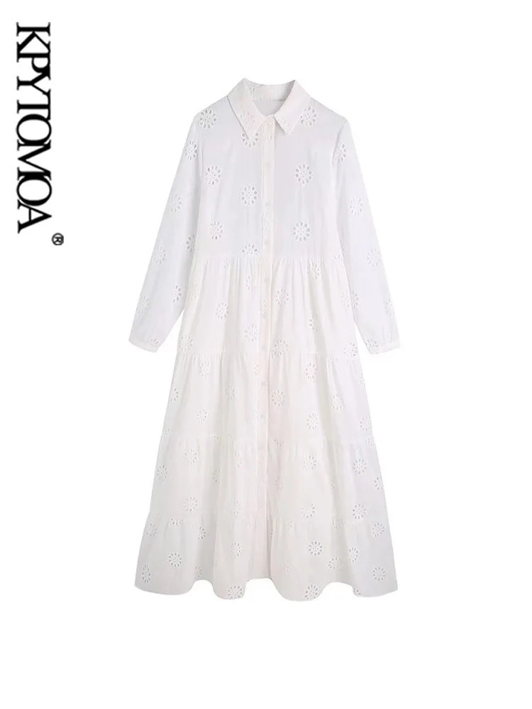

KPYTOMOA Women Fashion With Lining Cutwork Embroidery Midi Shirt Dress Vintage Long Sleeve Button-up FemaleDressesVestidos Mujer