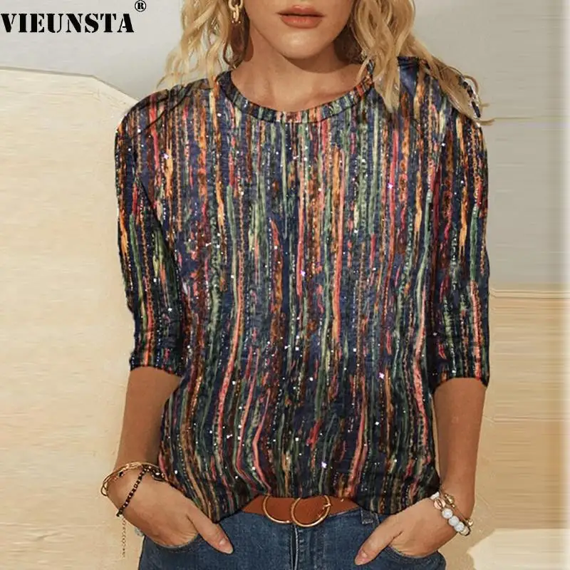 

Vintage Striped Printing Women Blouses and Tops Spring Casual O Neck Loose Shirts Pullover Autumn Long Sleeve Office Lady Blusas