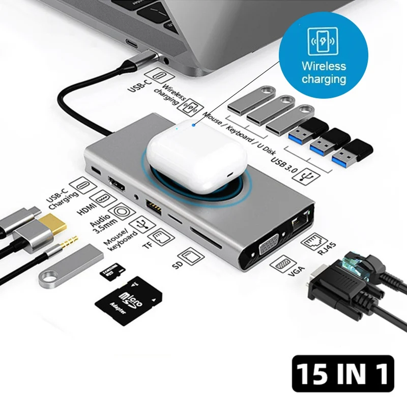 

15 in 1 Docking Station USB Type C HUB To HDMI-Compatible Adapter OTG Vga RJ45 Lan Multi USB Adapter Type C For MacBook Pro Air