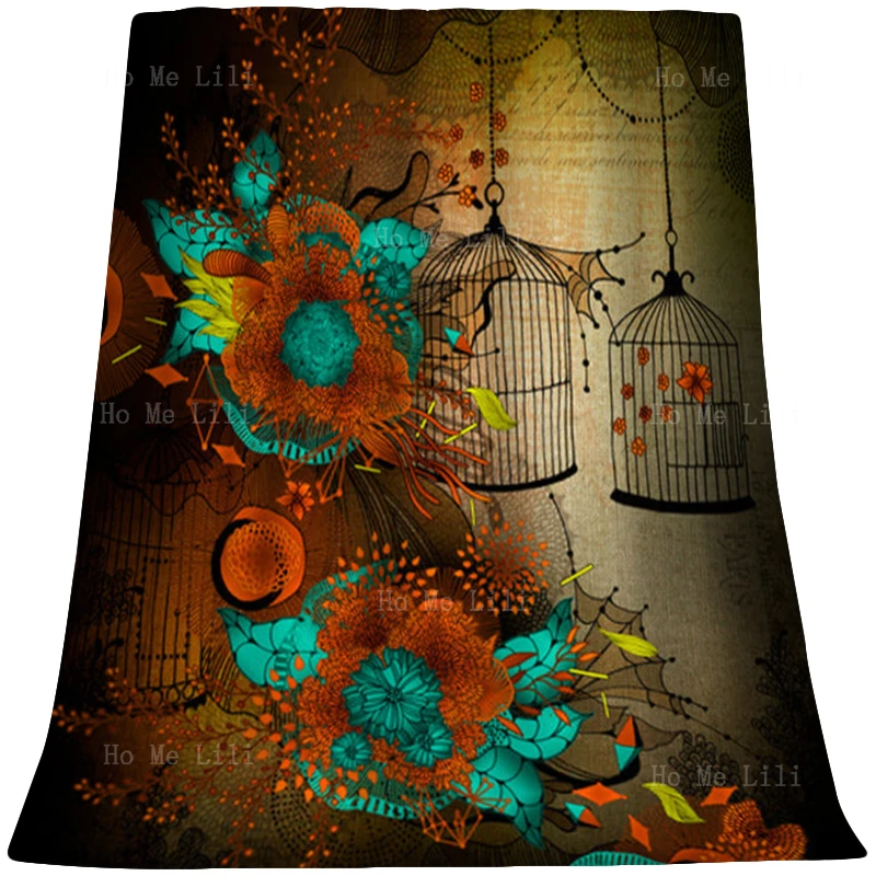 

Orange And Turquoise Color Inspiration Design Frozen Dreams Unique Flowers Cage Vines Flannel Blanket By Ho Me Lili