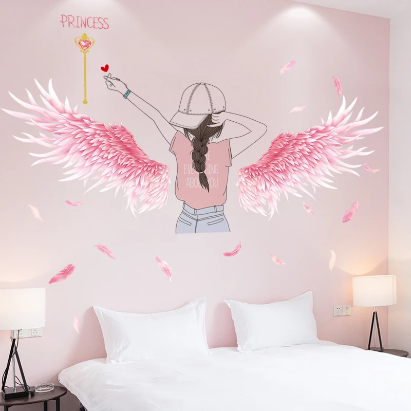 

Girl on the Swing Wall Stickers DIY Pink Feather Wings Mural Decor Decals for Kids Rooms Baby Bedroom Children Home Decoration