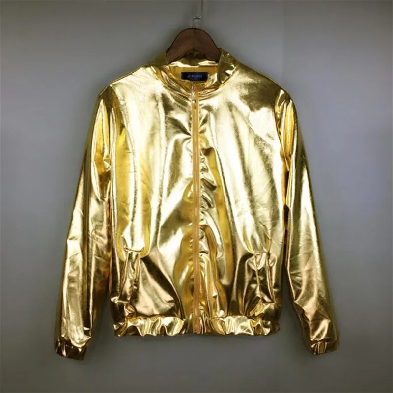 

Spring jacket men's thin coat new street dance silver stand collar sunscreen nightclub stage costumes gold jaqueta masculina