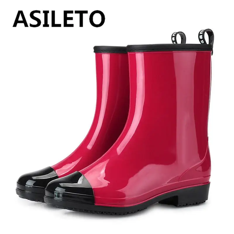

Женские резиновые сапоги Asileto до середины икры, с квадратным носком, на низком каблуке, без шнуровки, Нескользящие, большие размеры 36-40, разны...