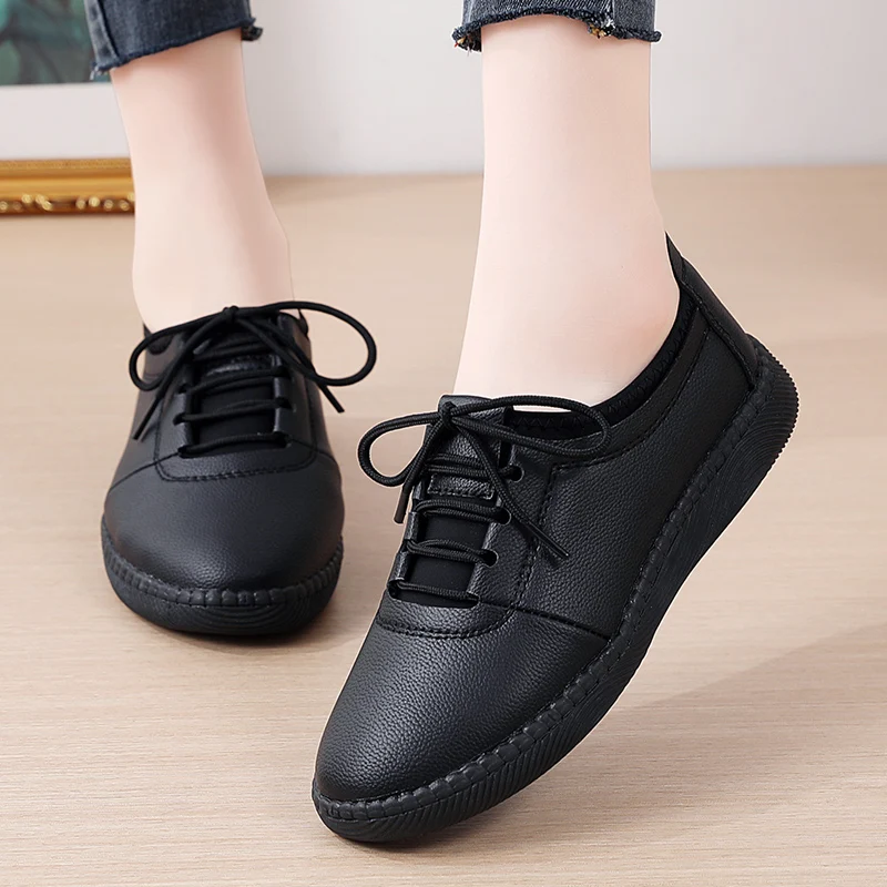 Spring Women Flats Loafers Shoes Genuine Leather Casual Shoes Female Flats Lace Up Loafers Casual Slip-on Walking Shoes Woman