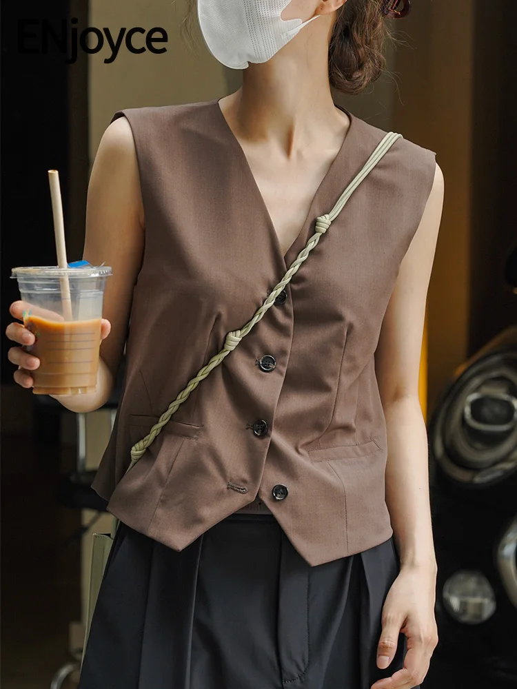 

ENjoyce Summer Women Vintage Coffee Sleeveless Suit Vest Ladies Slim V-Neck Tank Top Casual Waistcoat Chic Workwear Coats