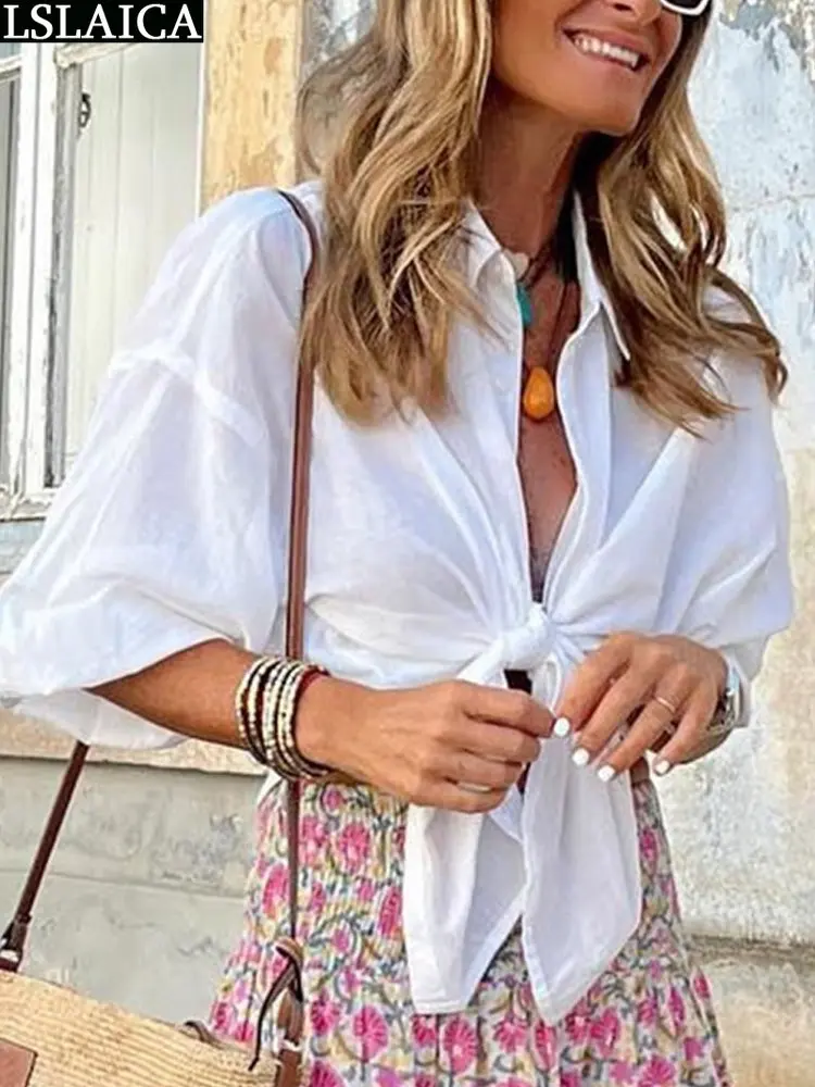 

Lace Up Luxury Women Blouse Cardign Blouses Offers Fashion Chic Woman Button Design Tops Wihte Office Lady Shirts 2023 Casual