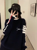 tb casual ins tide loose lazy wind four bars thickening increased hedging round neck sweater female 2022 winter new style