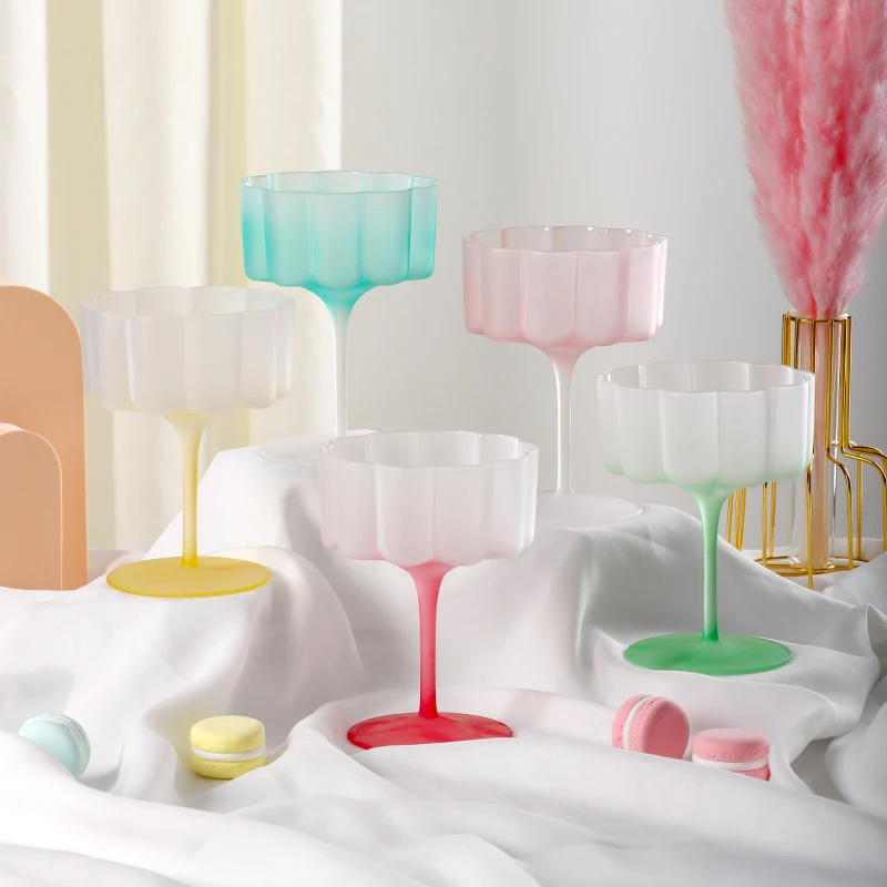 Фото Colorful Frosted Glass Cocktail Mug Masked Candy Goblet Home Petal Lace Macaron Ice Cream Cup Holiday Party Barware №5