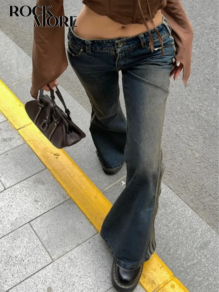 Rockmore Vintage Jeans for Women aesthetic Low Rise Flare Pants Fashion cyber y2k Streetwear Denim Trousers femme Retro Korean