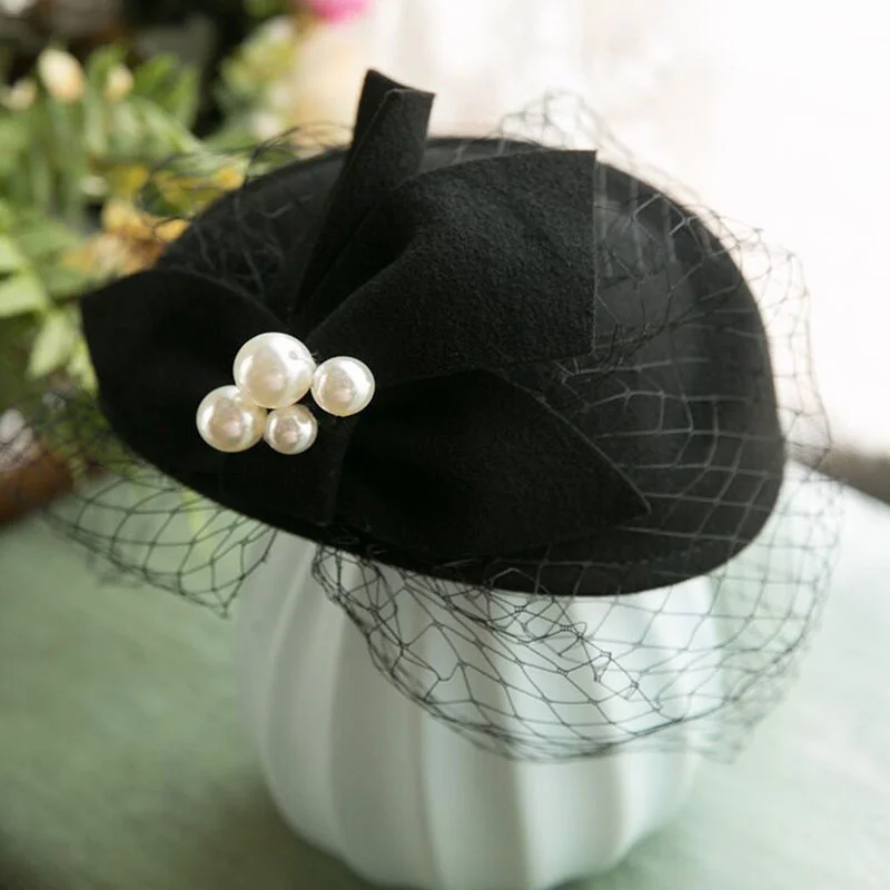 

French Elegant British Vintage Mesh beret Woolen Small Top Hat Wedding Dress White Bridal Headdress