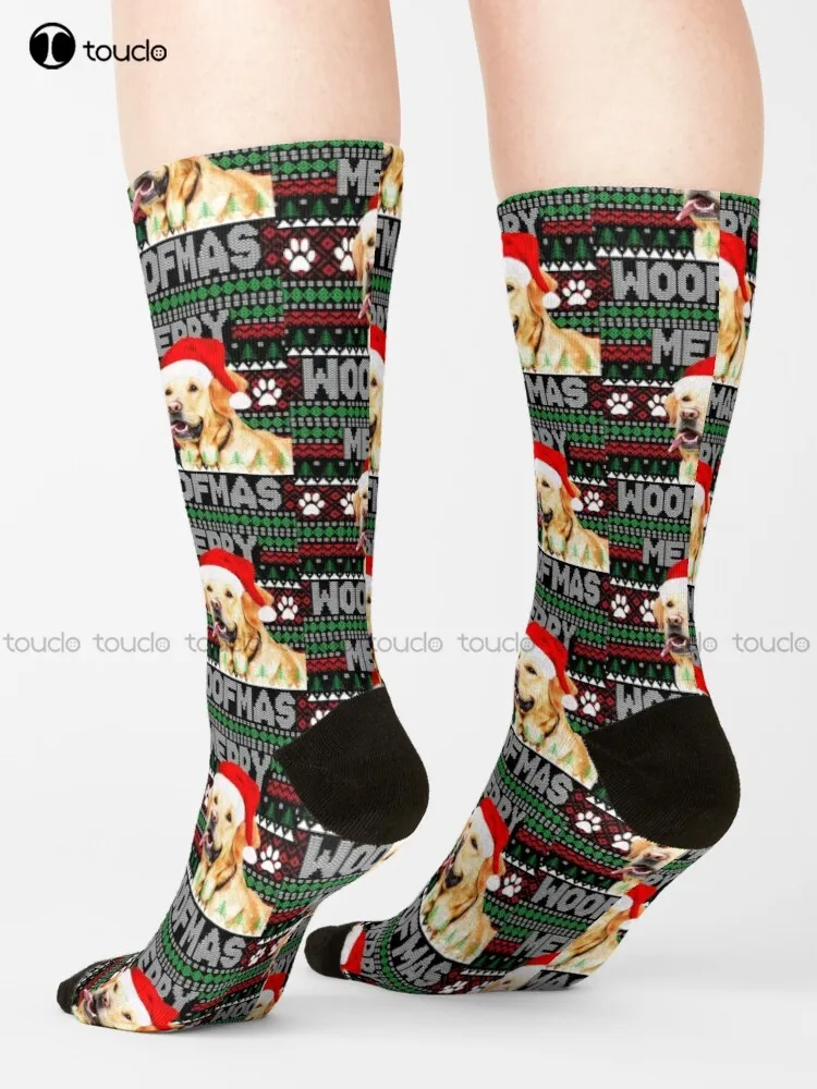 

Merry Woofmas Cute Golden Retriever Dog Ugly Sweater Socks Girls Soccer Socks 360° Digital Print Gd Hip Hop Christmas Gift Girls