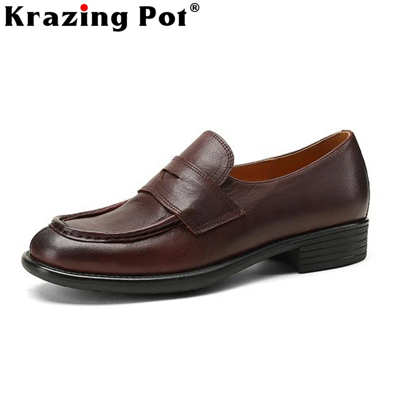 

Лоферы Krazing Pot на среднем каблуке, Воловья кожа, круглый носок, Британская школа, Западная Винтажная обувь для зрелых женщин, без застежек, бр...