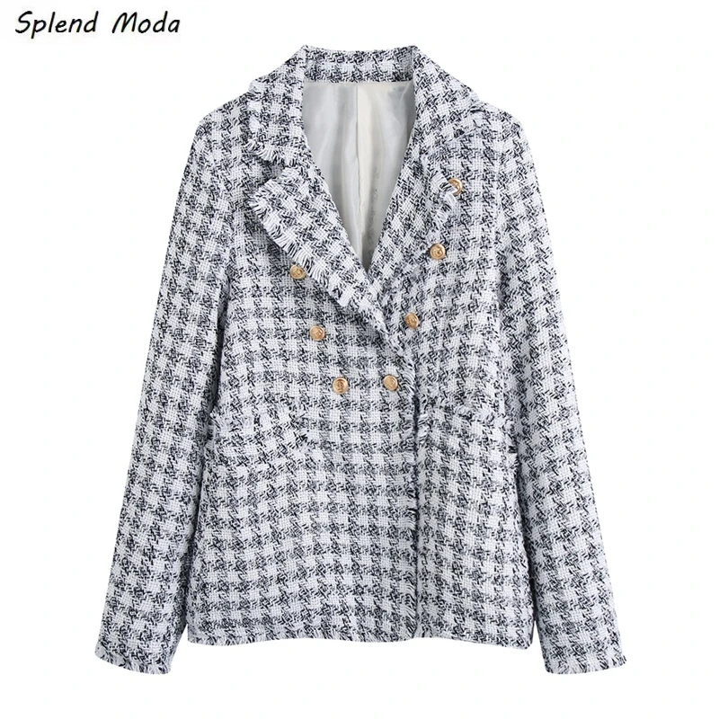 

Splend Moda French Vintage 2021 Fashion Elegant Office Lady Casual Notched Collar Woolen Textured Double Breasted Women Blazer