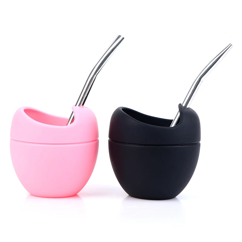 

1pc Kawayi Black/Pink 5oz Silicone Bombillas Yerba Mate Cup Set Tea Cup With Yerba Bombilla Straw Stoup