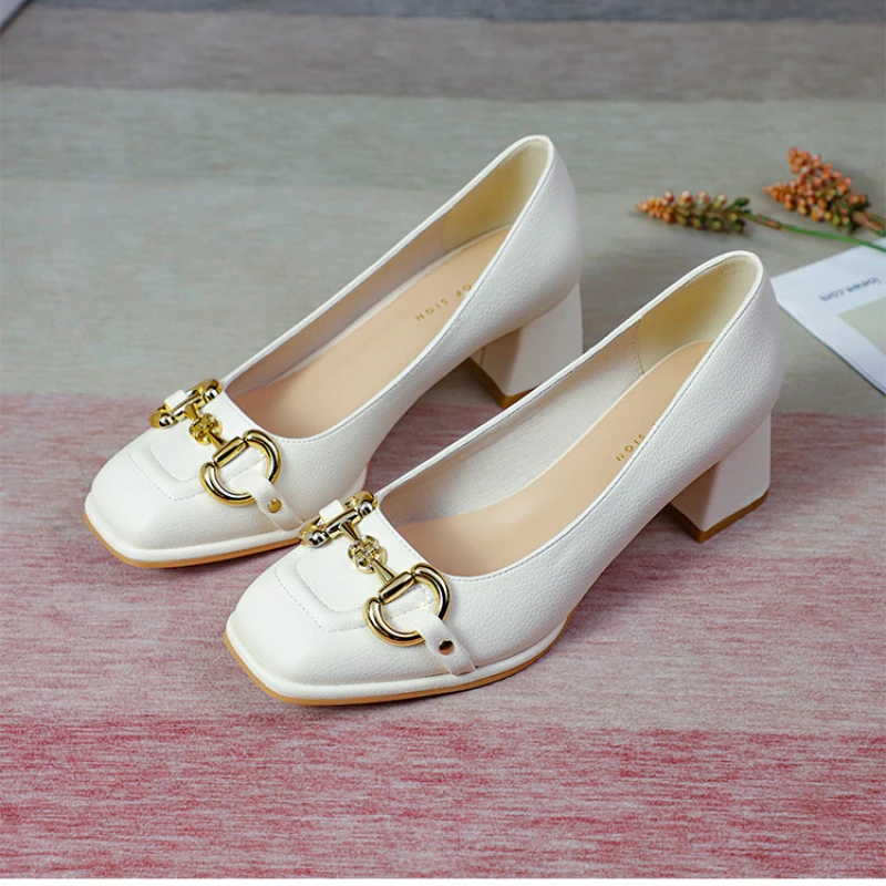 2023 Spring and Autumn New Women's Shoes Retro Square Toe High Heels Horsebit French Mary Jane Casual Professional Shoes