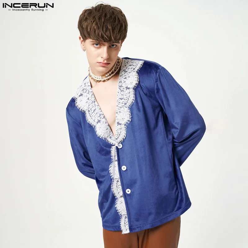 

2023 Men Shirt Lace Patchwork Deep V Neck Oversize Long Sleeve Button-up Male Shirts Streetwear Fashion Camisas S-5XL INCERUN