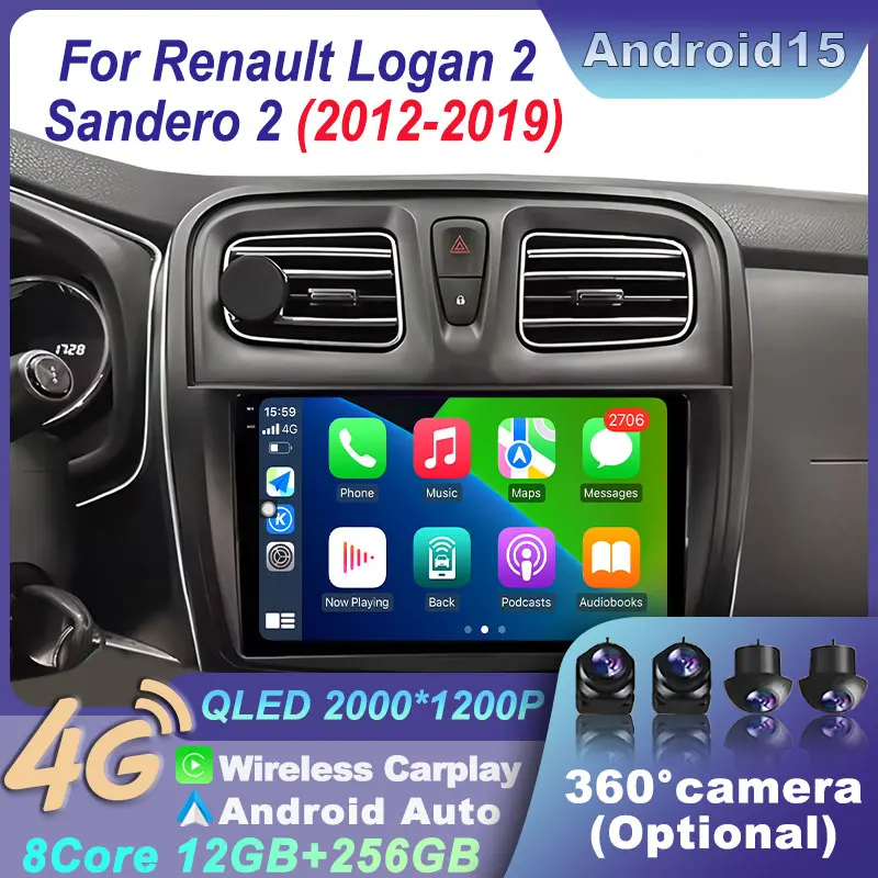 Фото Навигация Android 15 GPS WiFi CarPlay для Renault Logan 2 Sandero 2 2012-2019, беспроводной 4G стерео BT, автомобильный мультимедийный видеоплеер №1