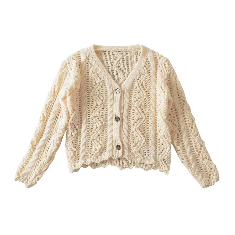 

Женское трикотажное пальто PB & ZA, модный ажурный топ с V-образным вырезом, на пуговицах, с длинным рукавом, лето 2023