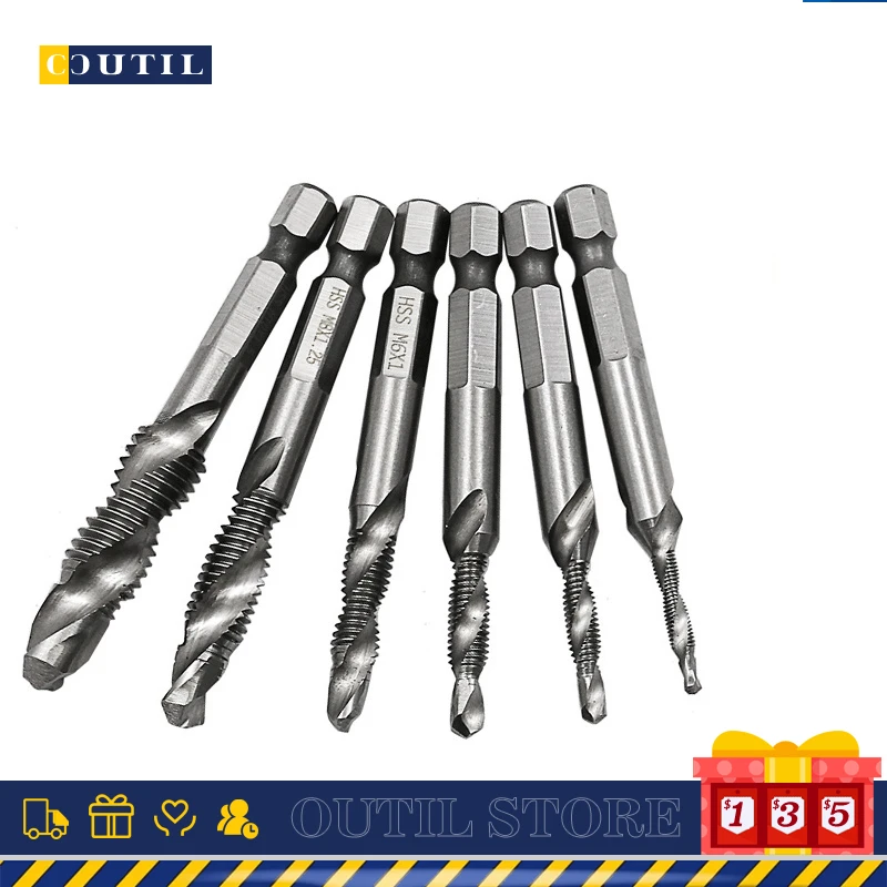 

6pcs Tap Drill set M3 M4 M5 M6 M8 M10 Hex Shank Thread Bit opening tapping chamfering Quick Change Electric drill accessories