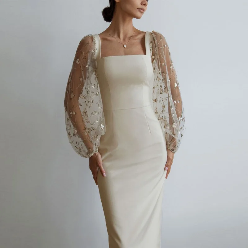 

Женское длинное платье с вышивкой, повседневное облегающее платье с прозрачными рукавами-фонариками и квадратным вырезом, модель 2023