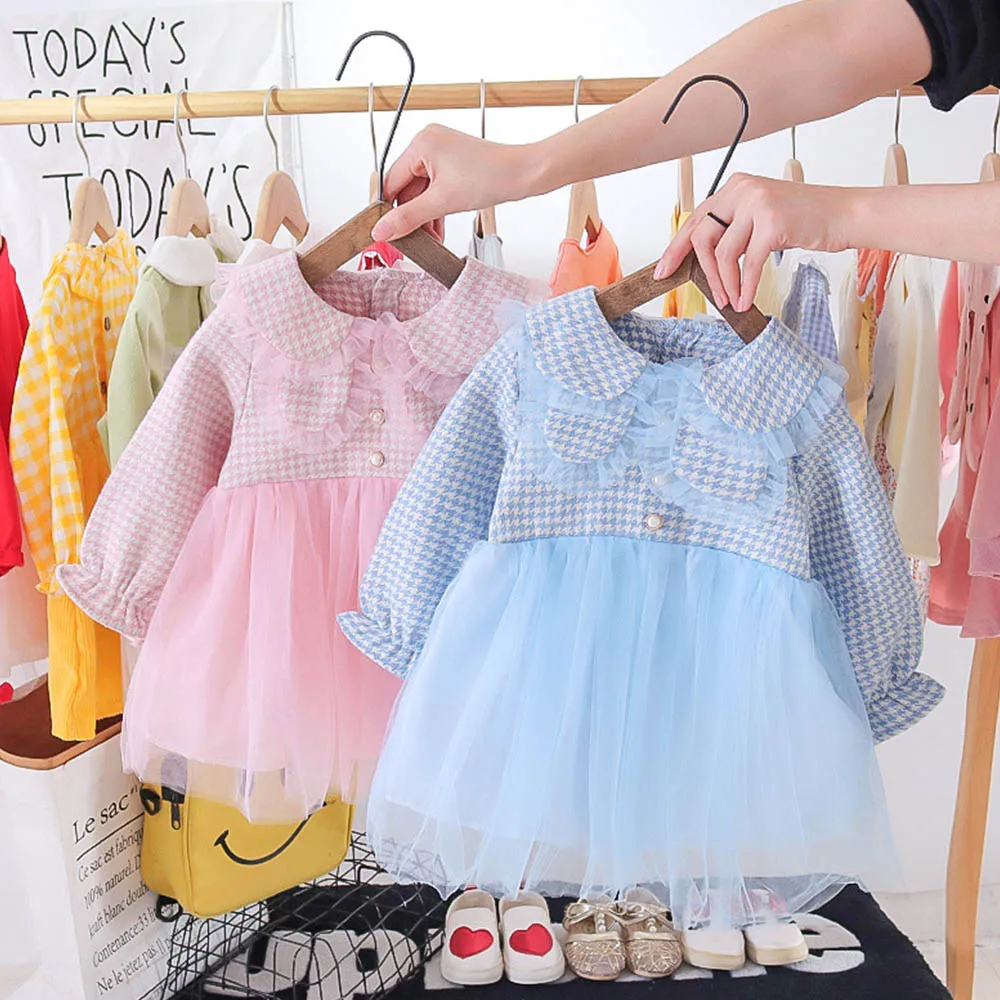 

Girls Dress Spring Children Baby Sweet Spring Dress Cute Long Sleeve Mesh Ruffle Infants Princess Party Plaid Dresses Vestidos