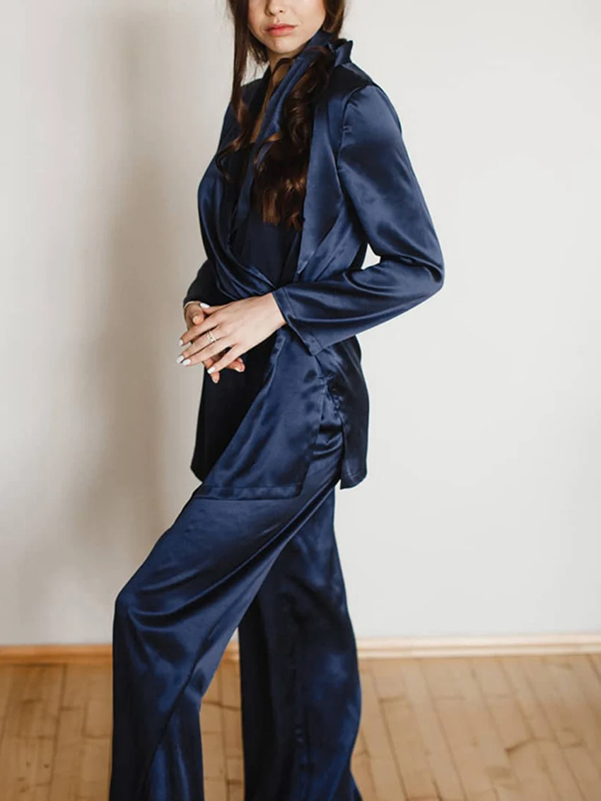 Marthaqiqi Loose Long Sleeve Women'S Pajamas Sets Satin Lace Up Robe Sleepwear Sexy V-Neck Nightwear Wide Leg Pants Women Pajama