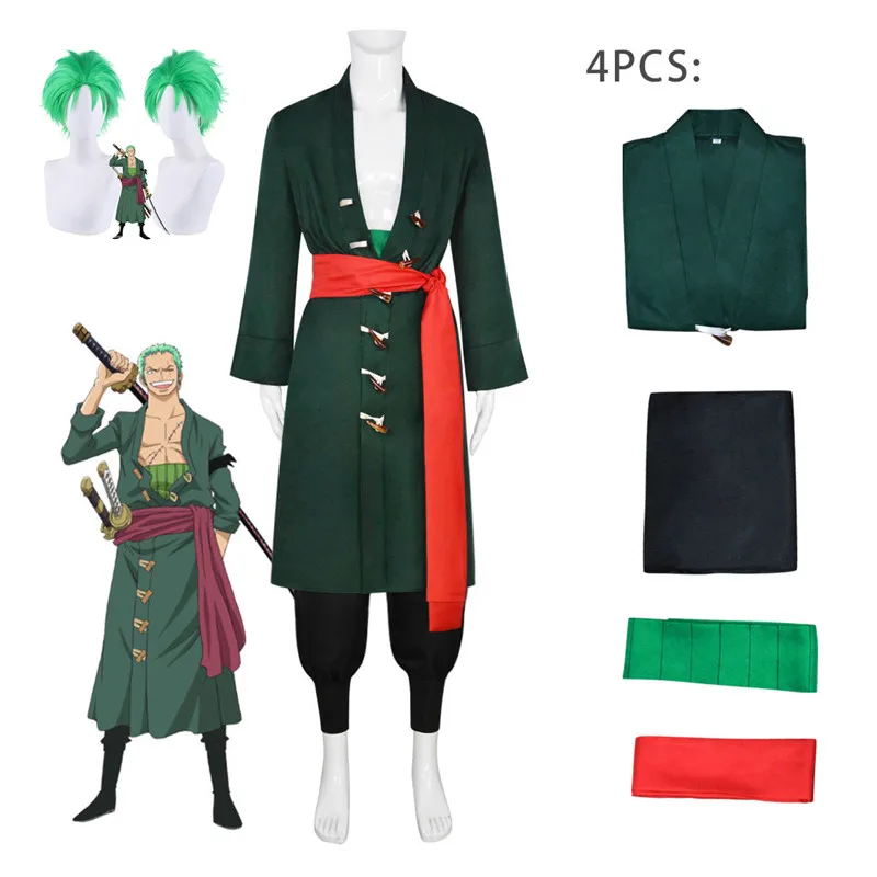 

Anime Roronoa Zoro Cosplay Costume Green Coat Belt Pants Head Scarf Wig Halloween Men Clothes Full Set