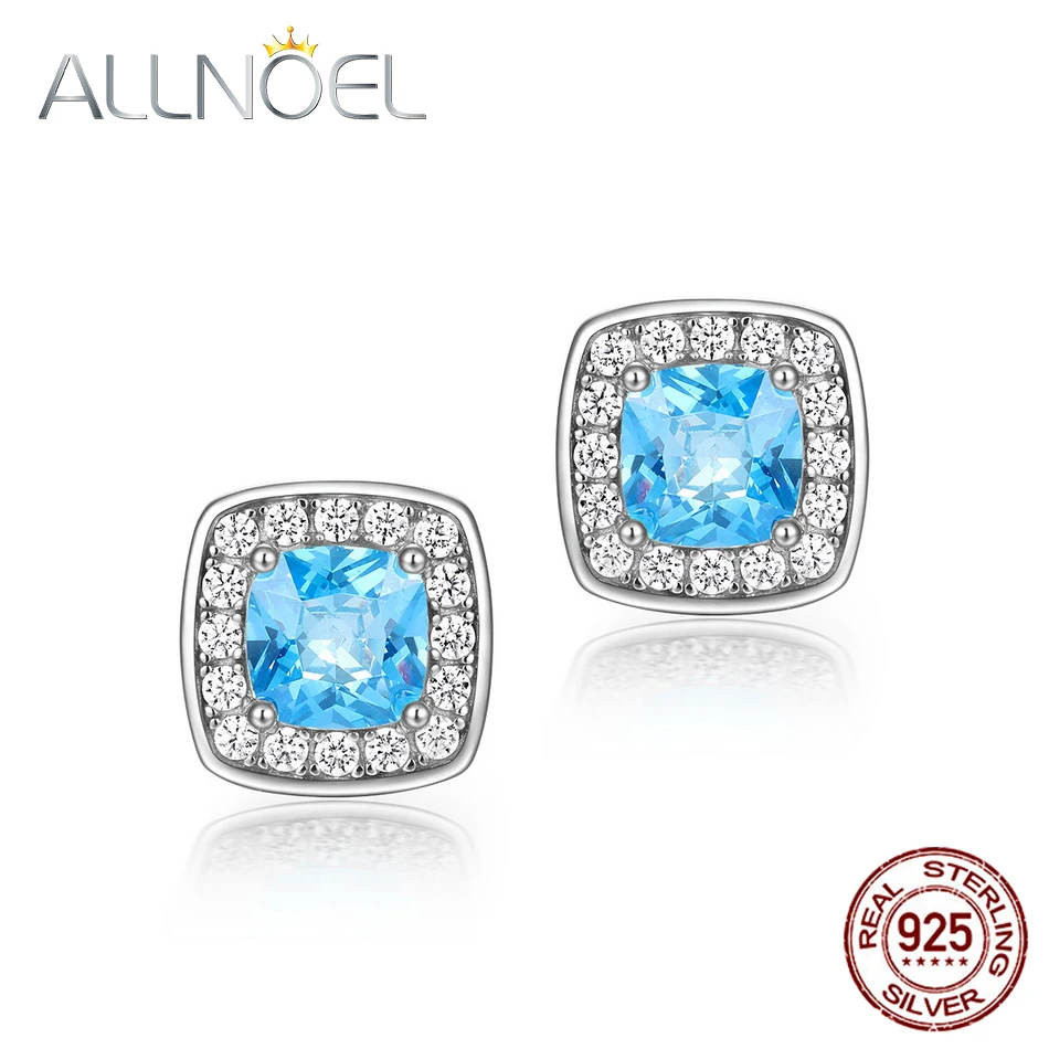 

ALLNOEL Solid 925 Sterling Silver Earrings For Women Luxurious Square Sea Blue 3A Zirconium Elegant Earrings Engagement Jewelry