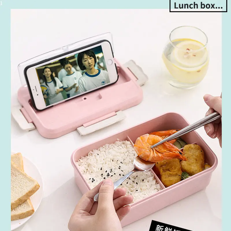 

Ланч-бокс для микроволновой печи с ложкой, палочки для еды, посуда из пшеничной соломы, контейнер для хранения еды, Детская школьная и офисная коробка для бенто
