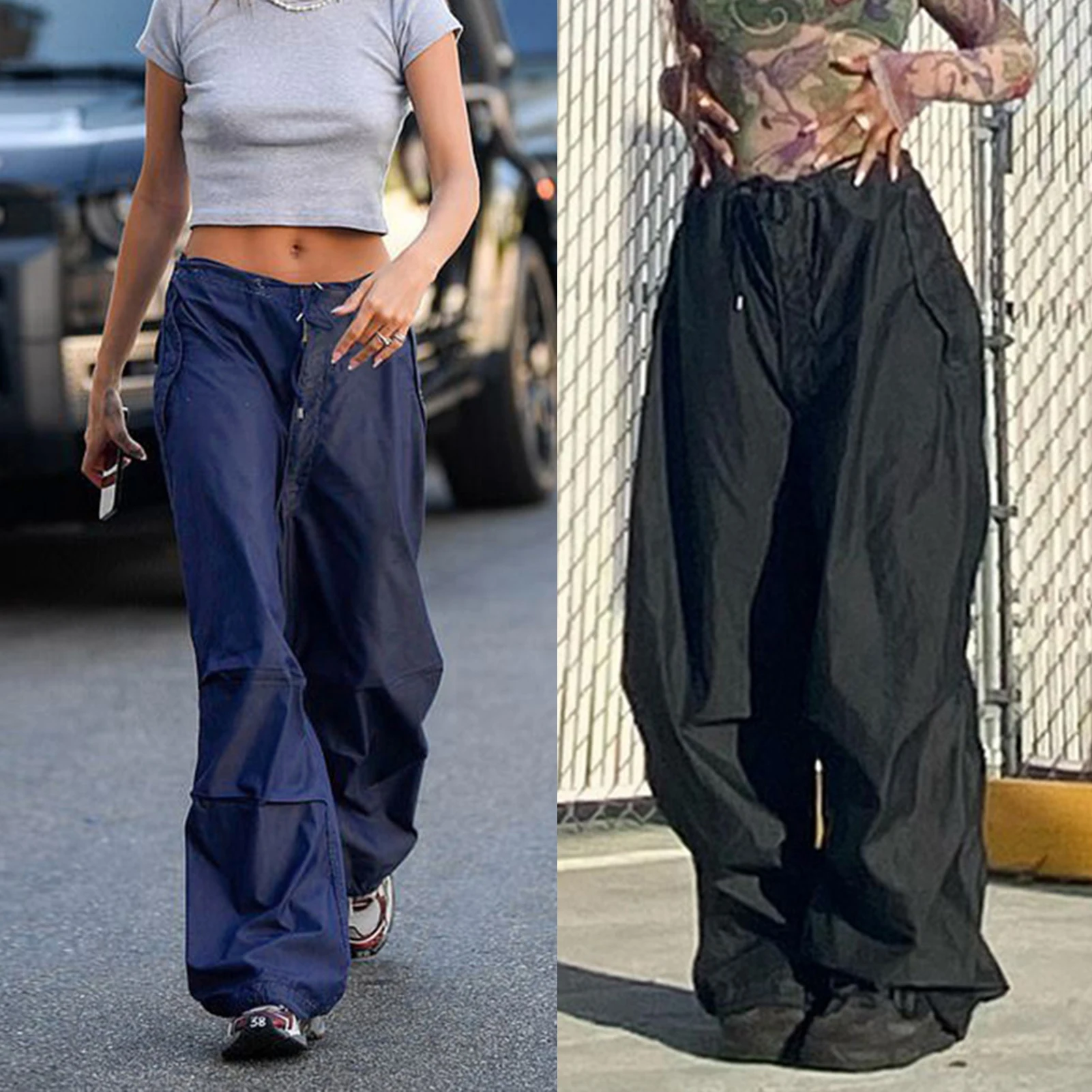 

Повседневные мешковатые спортивные брюки Sweetown с широкими штанинами, черная свободная уличная одежда на шнуровке с низкой талией, брюки-карго, женские Беговые штаны в стиле хиппи