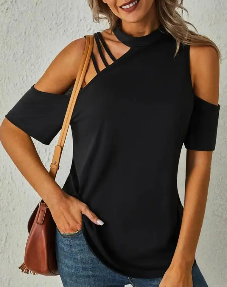 

Plain Cold Shoulder Casual short sleeve Top Casual summer new fashion black Tee fashion woman t-shirts 2022 Woman clothes female
