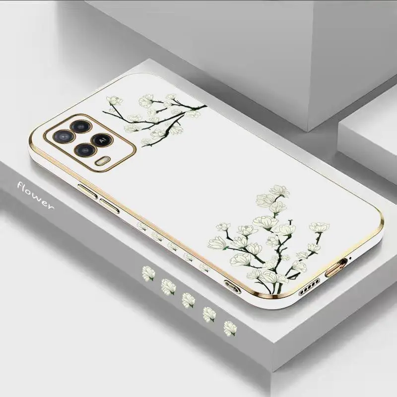 White Plum Blossom Luxury Plating Phone Case For Oppo A15 A15S A16 A16K A76 A77 A78 A53 A54 A55 A92 A94 A95 A83 F19 Cover