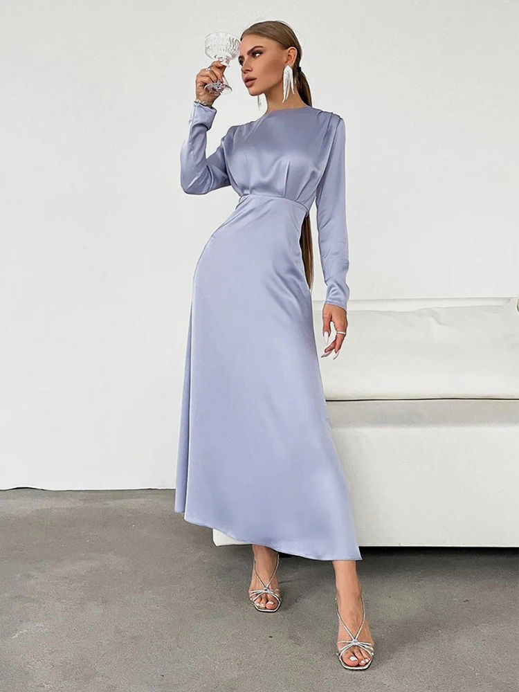

KBAT 2022 Spring Purple Elegant Long Dress High Waist O Neck Slim Party Dress For Women Vintage Backless Sexy Satin Robe Female