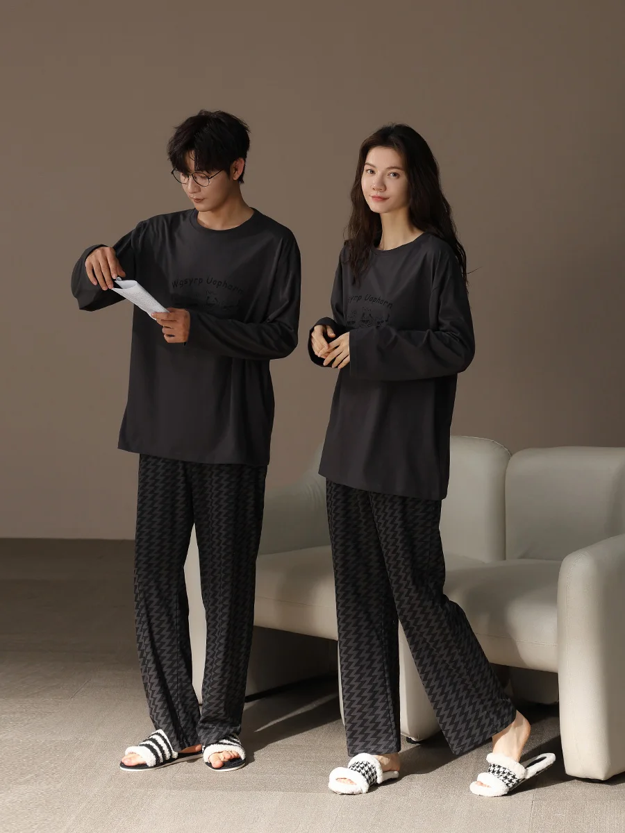 2024 New Couple Pajamas Men's and Women's Spring Autumn Cotton round Neck Long sleeve Trousers Teenagers High-End Home We...