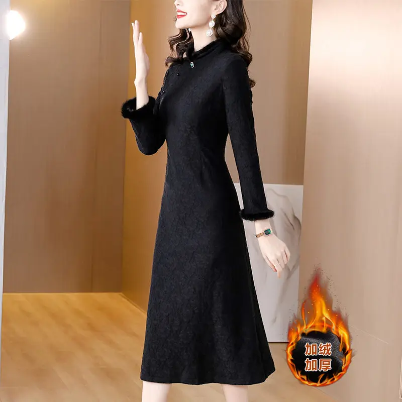 

Lace Mink Fur Cheongsam Dress Women's Autumn And Winter Fashion Slim Stand Collar Elegant Chinese Dress Qipao T1470