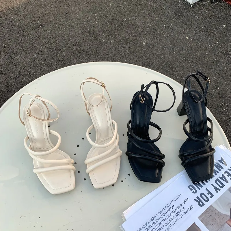 

Female Sandal High Heels Black Shoes for Women Ankle Strap Girls High-heeled Beige 2022 Block Fashion Comfort Buckle Clear Rubbe