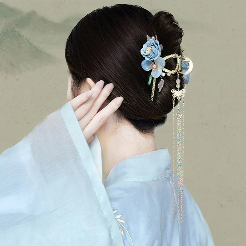 

Chinese Style Hanfu Headdress Back of Head Gripper Grab Clip Tassel Hairpin Gardenia Ancient Costume Hairpin Accessories