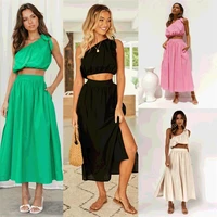 summer casual long sets 2022 womens suit with a skirt short sleeve o neck crop top midi skirt female 2 piece sets