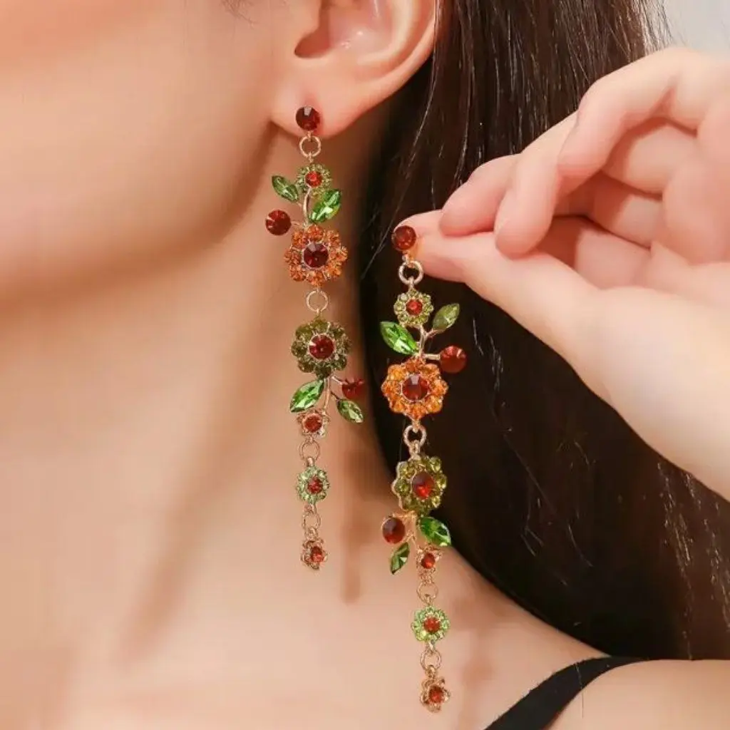 Многослойные серьги с бахромой и цветами из цинкового сплава