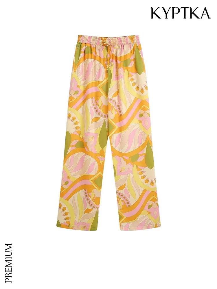 

KYPTKA Women Fashion Side Pockets Printed Straight Pants Vintage High Elastic Waist With Drawstring Female Trousers Mujer