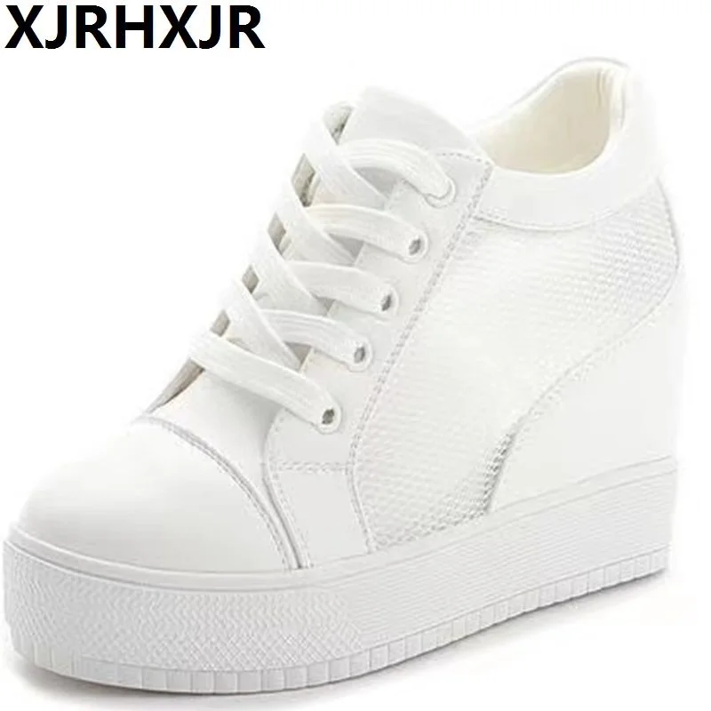 

Women Wedge Platform Sneakers Rubber Brogue Leather High Heels Lace Up Shoes Pointed Toe Height Increasing Creepers White Silver