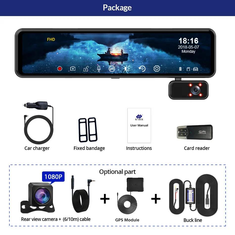 E-ACE 1080P камера заднего вида 12 дюймов GPS видеорегистратор с двойным объективом